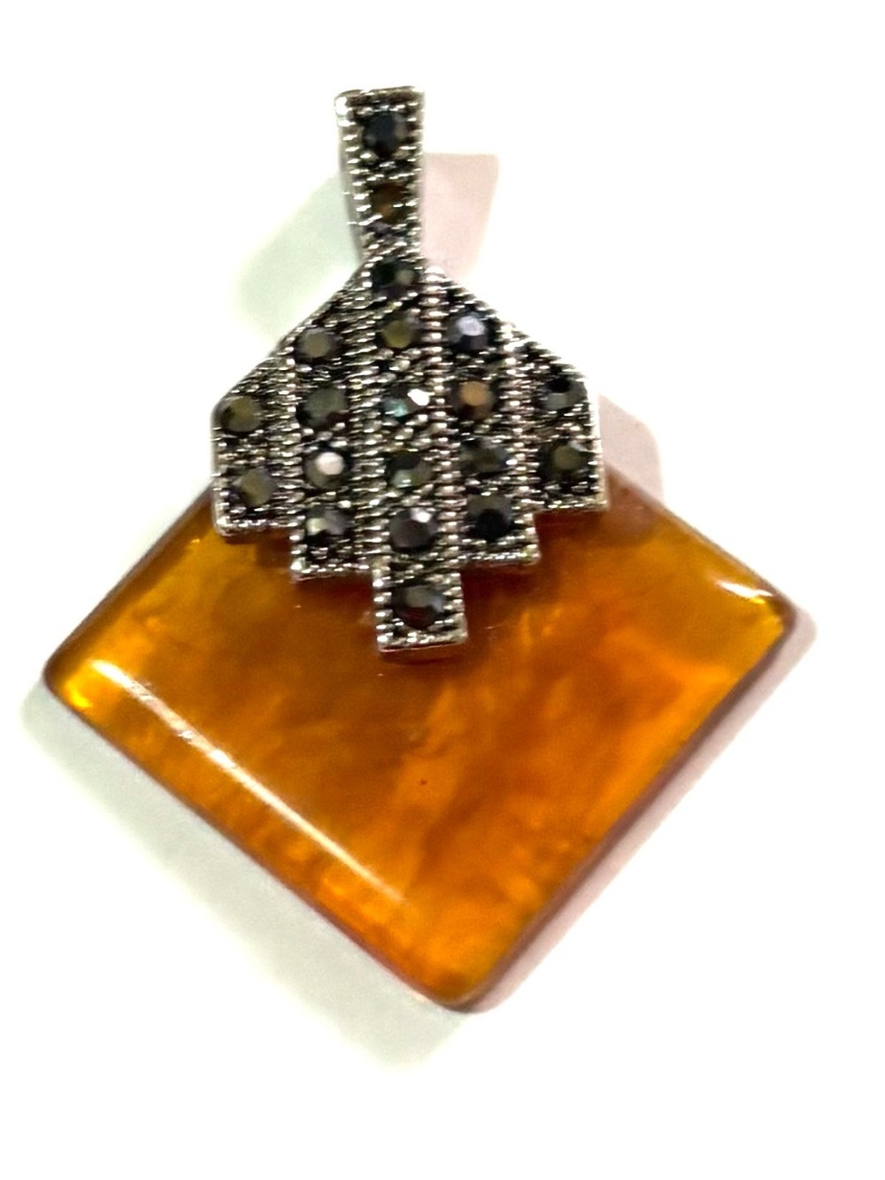 Vintage  plastic  Amber-Tone Square Pendant with Marcasite Detail